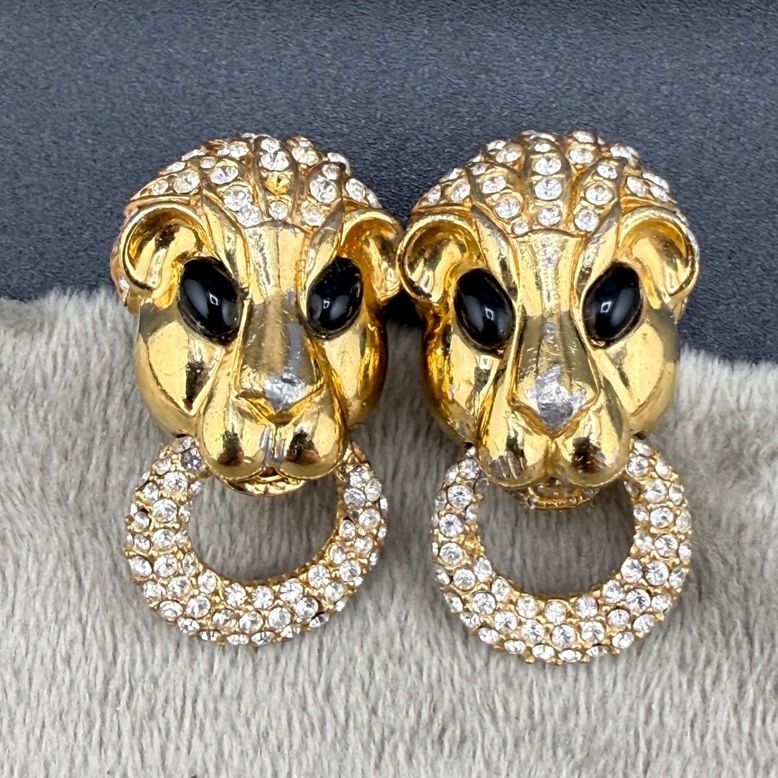 Vintage Ciner Clip On Earrings Lion Rhinestone Signed